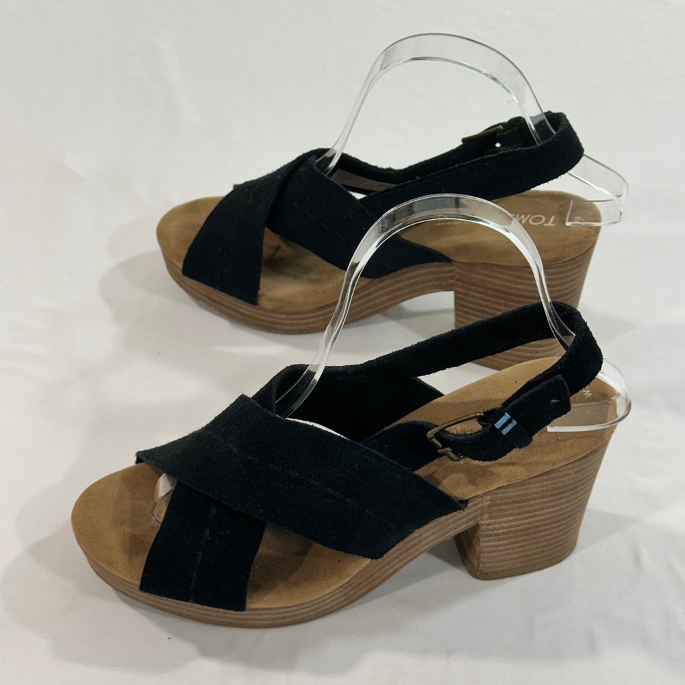 TOMS Majorca Platform Sandals Womens 8 Black Suede Block Heel Strappy Buckle
